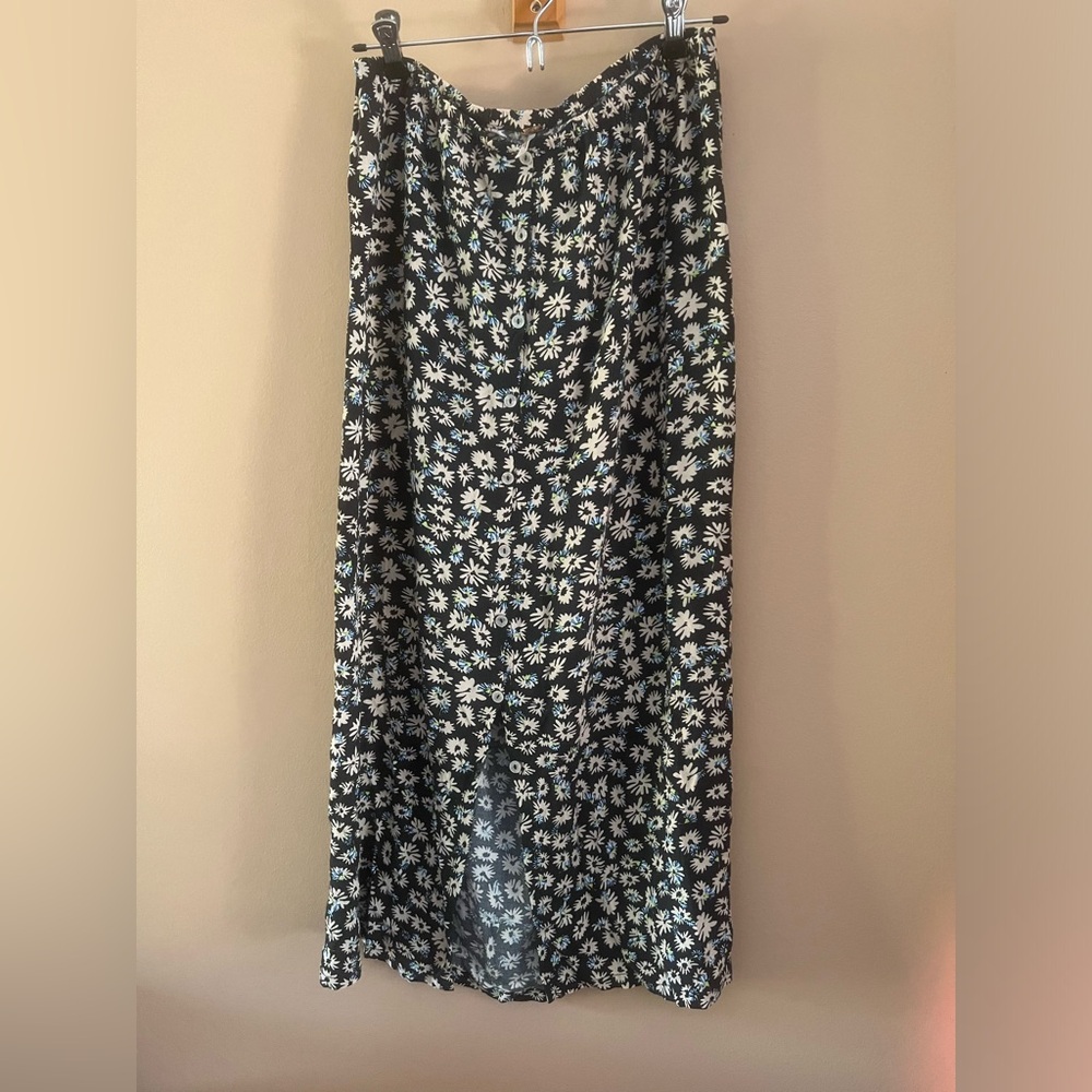 Free People Black and White Floral Button Up Midi Skirt